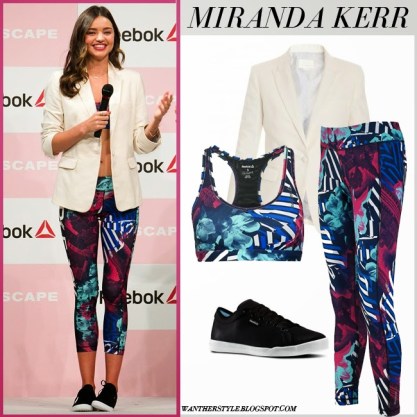 miranda kerr in white blazer purple print sports bra purple pink print leggings black sneakers reebok event tokyo april 15 2015 what she wore sport fashion